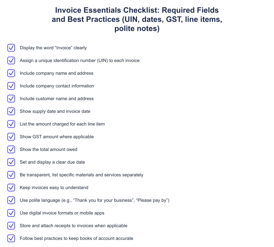 Invoice Essentials Checklist: Required Fields and Best Practices (UIN, dates, GST, line items, polite notes)