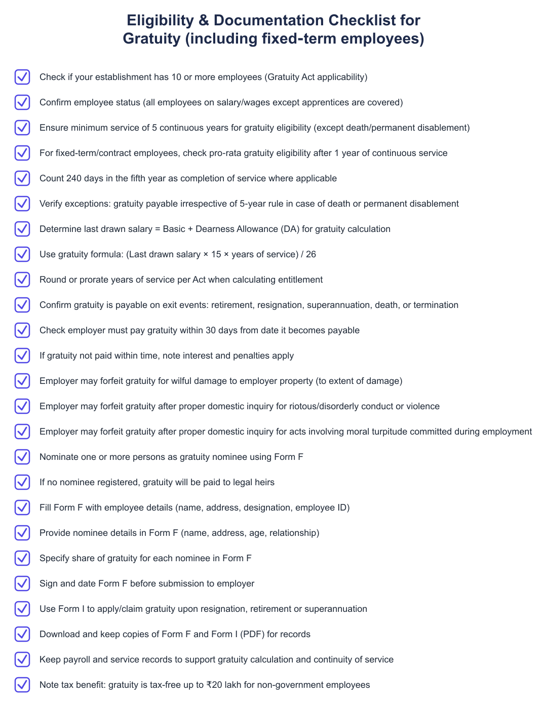 Eligibility & Documentation Checklist for Gratuity (including fixed‑term employees)