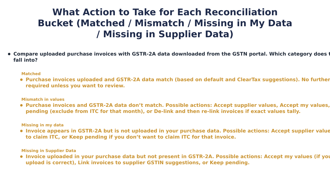 What Action to Take for Each Reconciliation Bucket (Matched / Mismatch / Missing in My Data / Missing in Supplier Data)