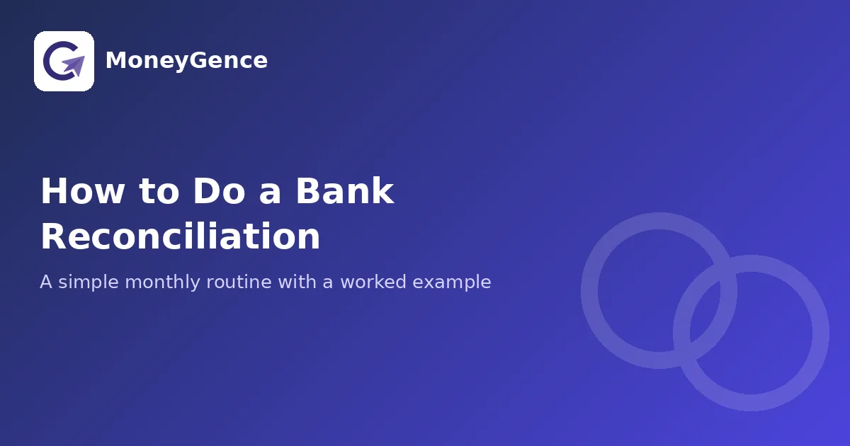 MoneyGence guide banner titled How to Do a Bank Reconciliation, with the MoneyGence logo and two overlapping rings on a blue gradient background