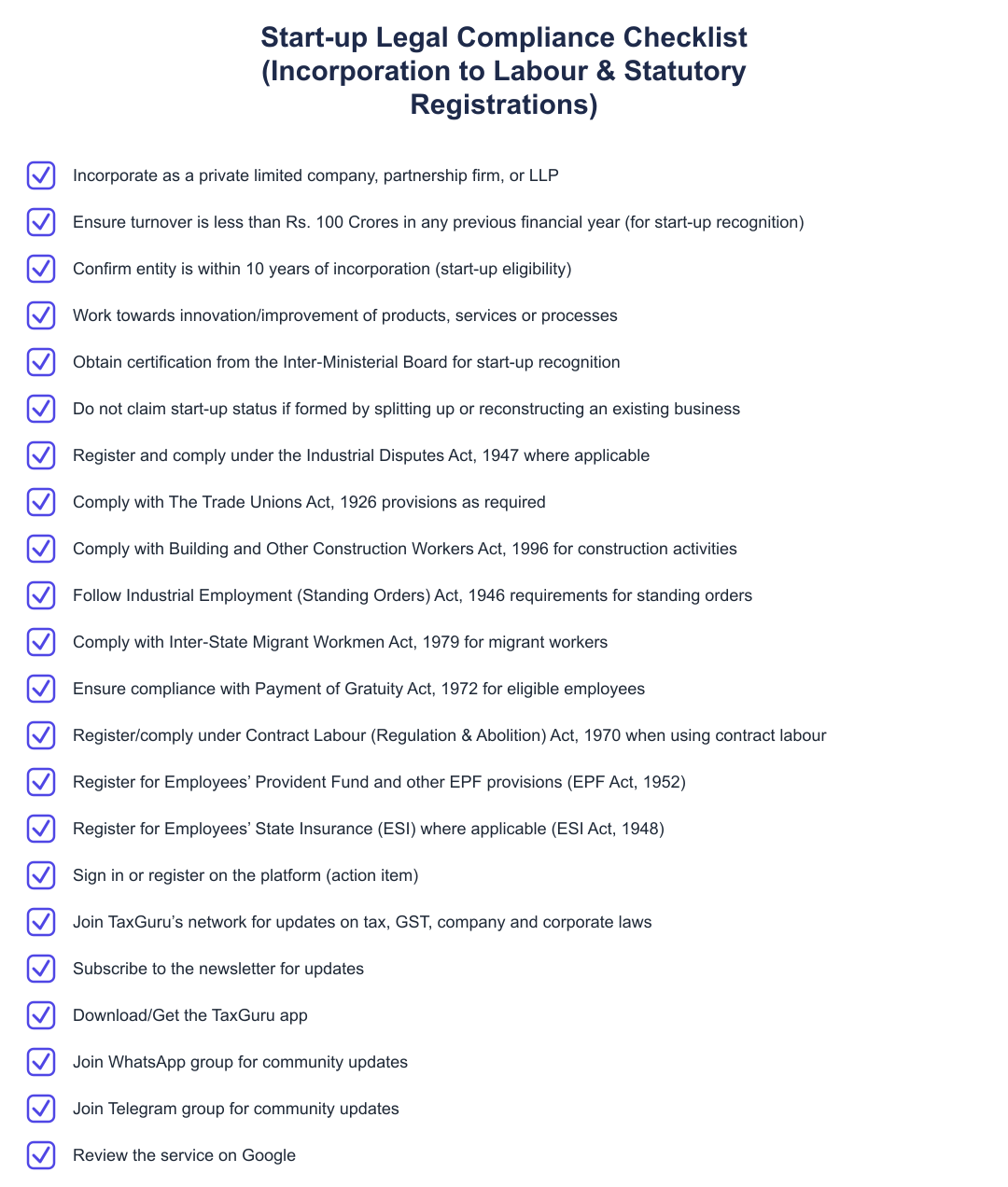 Start-up Legal Compliance Checklist (Incorporation to Labour & Statutory Registrations)