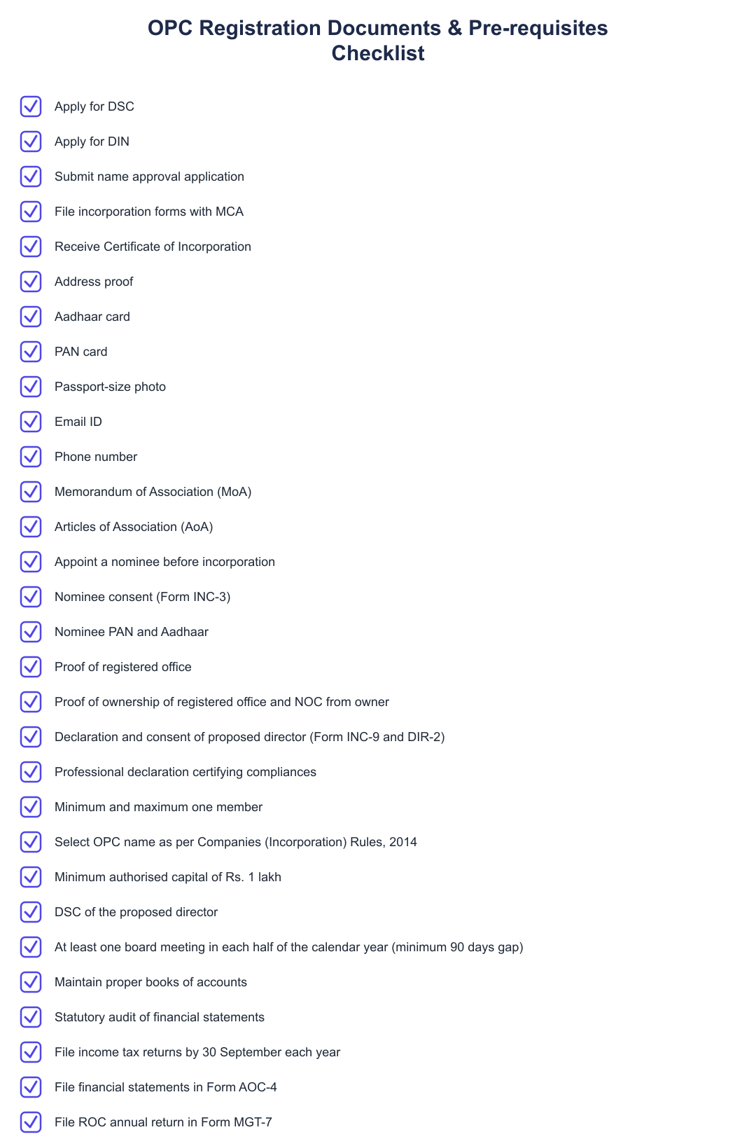 OPC Registration Documents & Pre-requisites Checklist