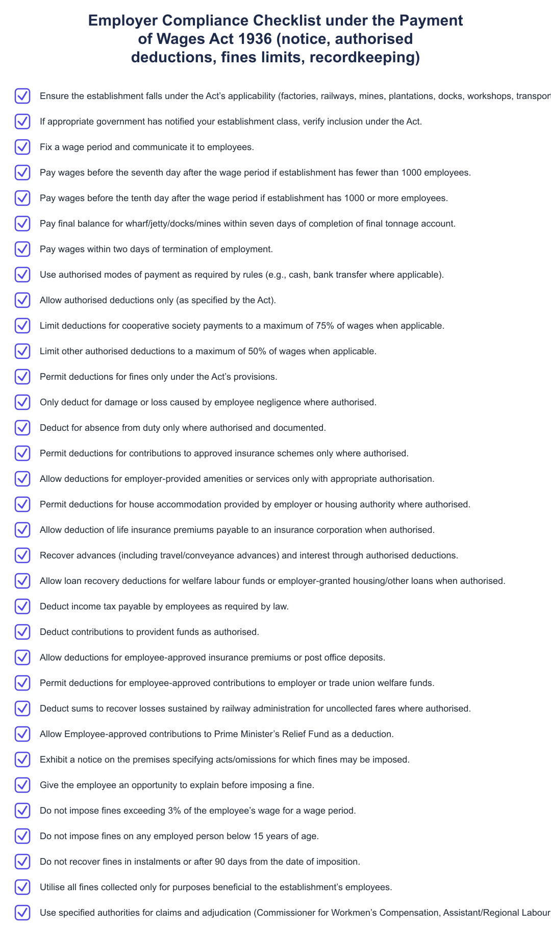 Employer Compliance Checklist under the Payment of Wages Act 1936 (notice, authorised deductions, fines limits, recordkeeping)