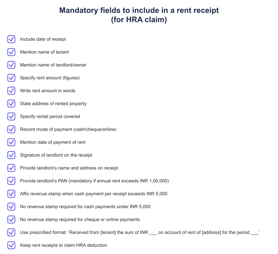 Mandatory fields to include in a rent receipt (for HRA claim)