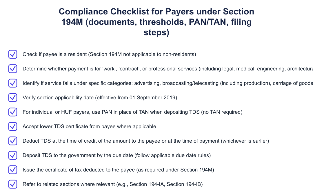 Compliance Checklist for Payers under Section 194M (documents, thresholds, PAN/TAN, filing steps)