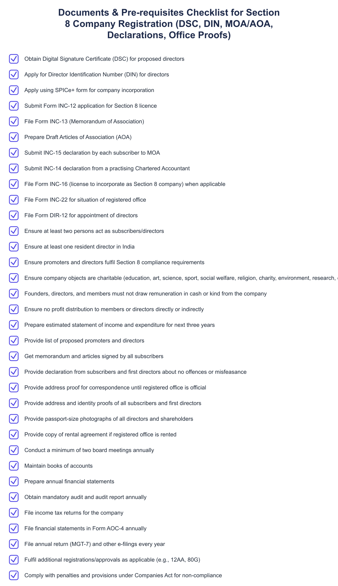 Documents & Pre-requisites Checklist for Section 8 Company Registration (DSC, DIN, MOA/AOA, Declarations, Office Proofs)
